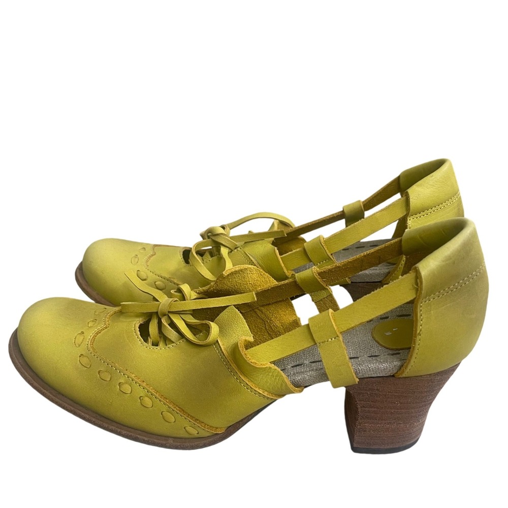 M Morenatom Yellow Leather Wingtip Oxford Cutout Block Heels Made in Brazil 38.5